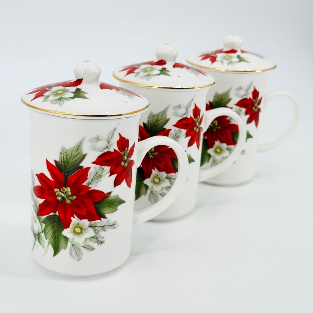 VTG Set-of-3 St. George English Fine Bone China Poinsettia Lidded Mugs